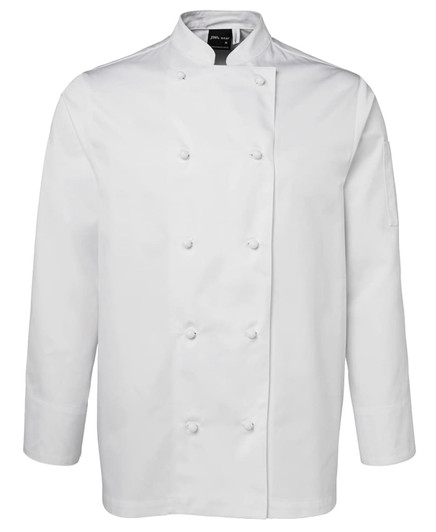 A white long-sleeve chef's jacket with a double-breasted front and a pocket on the sleeve. It features a logo.