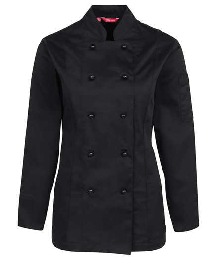 A black ladies' long-sleeve chef's jacket with a double-breasted design and a side pocket.