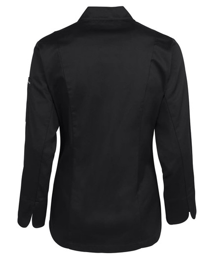 A black ladies' long-sleeve chef's jacket with a sleek design, featuring a collar and a logo on the sleeve.