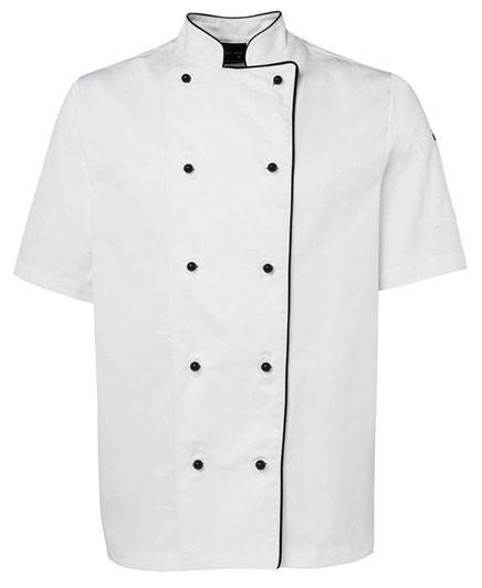 A white chef's jacket featuring short sleeves and black piping along the edges. It has a logo on one sleeve.