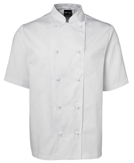 A white short-sleeve chef's jacket with a double-breasted design and a logo on the collar.