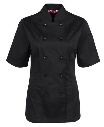 A black ladies' short-sleeve chef's jacket with double-breasted buttons and a single sleeve pocket.