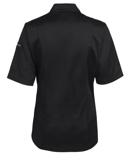A black short-sleeved chef's jacket featuring a logo, designed for women's wear.