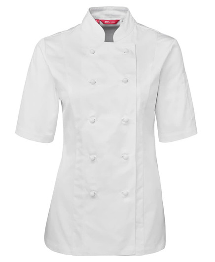 White short-sleeve chef's jacket for ladies with a double-breasted design and a branded logo.