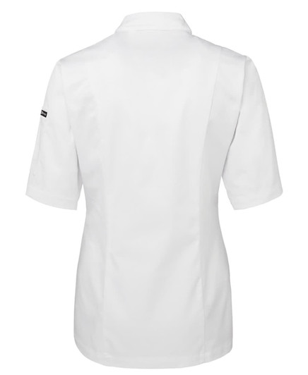 A white short-sleeved chef's jacket with a back view, featuring a logo on one sleeve.