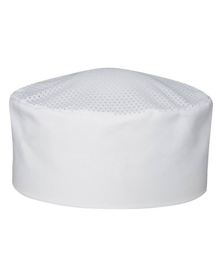 A white chef's vented cap with a textured top and an inner band, featuring a branding logo.