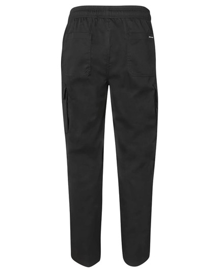 Black elasticated cargo pants with side pockets and a relaxed fit, featuring a logo on the back.