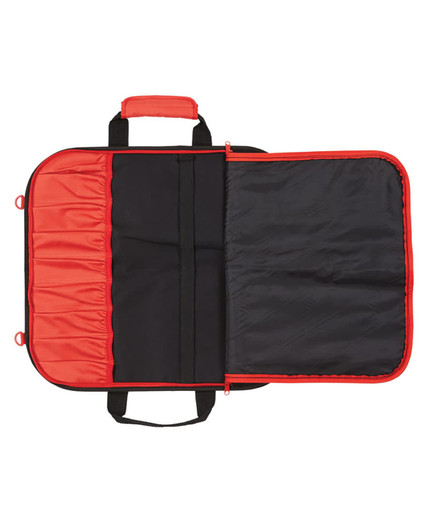 A black and red chef's knife bag, featuring multiple pockets and a zippered compartment, with a handle for carrying.