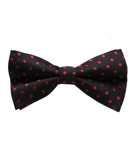 A black bow tie with red polka dots and a logo on the fabric.
