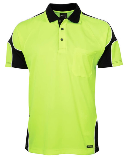 A bright lime green polo shirt with black accents and a pocket, featuring a logo on the front.