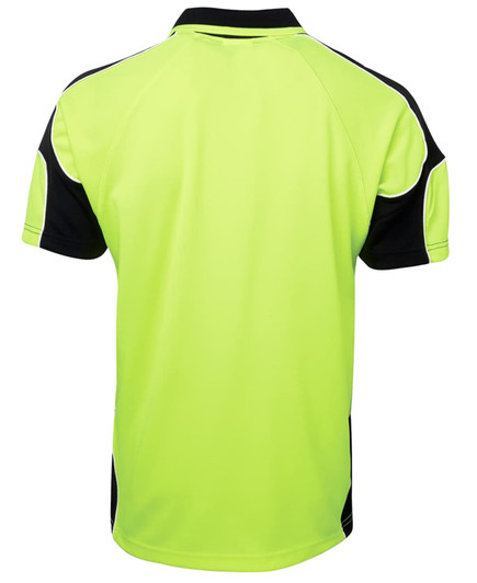 A short-sleeved polo shirt in high-visibility lime green with black accents and a logo.