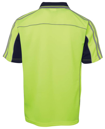 A high-visibility lime green polo shirt with navy blue accents and reflective details, featuring a logo.