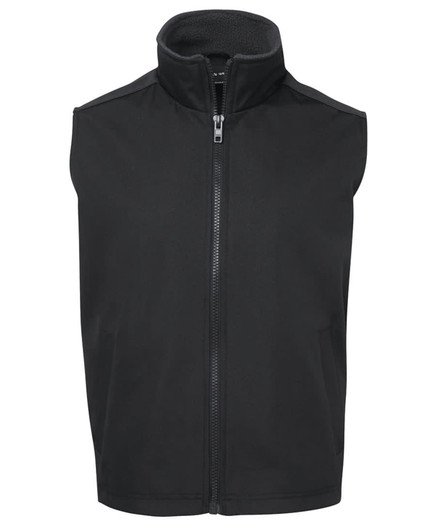 A black vest with a high collar and full front zipper. It features a soft inner lining and has a logo.