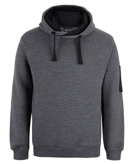 A grey work hoodie featuring a front pocket and a hood. It includes a sleeve with a logo or branding.