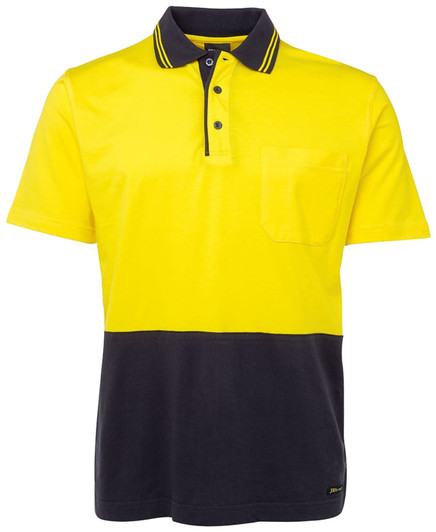A yellow and navy polo shirt with a pocket and a logo, featuring a collared neckline and contrasting stripes.