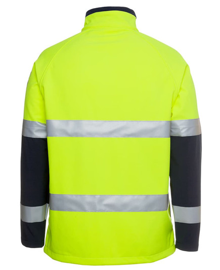 A high-visibility softshell jacket in bright fluorescent yellow with navy sleeves and reflective strips, featuring a logo.