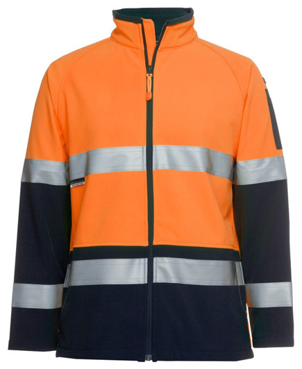 An orange and navy softshell jacket featuring reflective strips and a zip front. It has a logo on the sleeve.