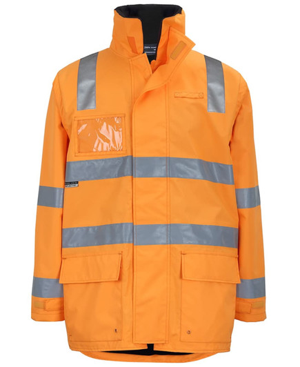 An orange work jacket with reflective stripes and a front pocket, featuring a logo. Zipper and zip-off sleeves included.