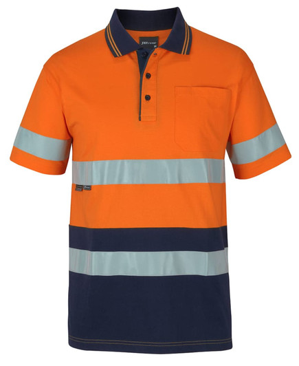 An orange and navy striped polo shirt with reflective detailing and a chest pocket. It features a logo.