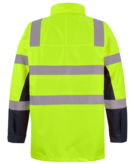 A high-visibility jacket in bright yellow with reflective stripes and black sleeves. Features a branded logo.