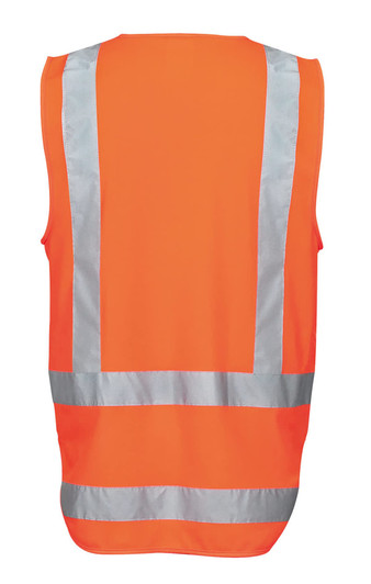 A high-visibility orange work vest featuring reflective stripes and a logo.