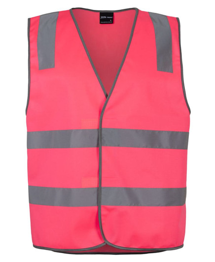 A fluorescent pink safety vest with reflective grey stripes and a front opening. Features a logo.
