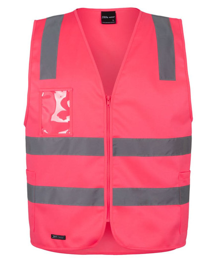 A bright pink safety vest with reflective grey stripes and a chest pocket, featuring a logo.