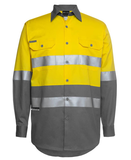 High-visibility long-sleeve work shirt in yellow and grey, featuring reflective stripes and two front pockets.
