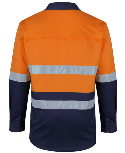 A long-sleeve work shirt in orange and navy blue, featuring reflective tape. Includes a logo on the back.