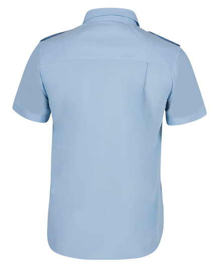 A light blue short-sleeve button-up shirt with shoulder epaulettes and a back pocket. It features a logo.