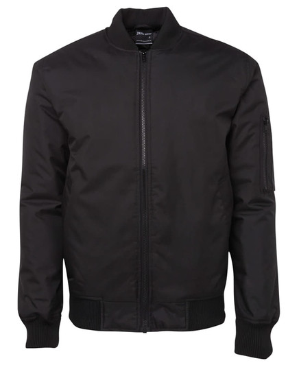 A black jacket with a zip front, ribbed cuffs, and a side pocket, featuring a logo.