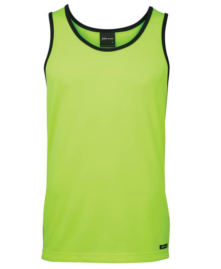 A bright lime green singlet with contrasting black trim and a label, designed for workwear.