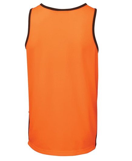 An orange work singlet with a contrasting black trim, featuring a logo. The back design is simple and smooth.