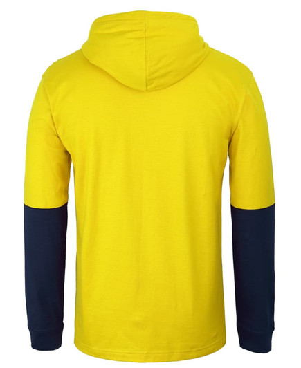 A bright yellow long-sleeve cotton tee with a navy blue hood and sleeves, featuring a logo.