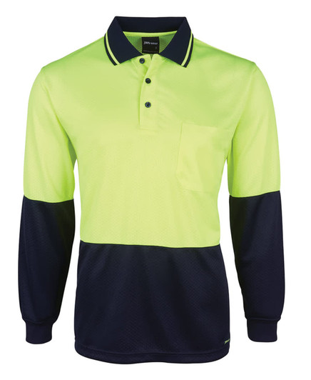 A long-sleeve polo shirt in high visibility yellow and navy, featuring a chest pocket and branding.