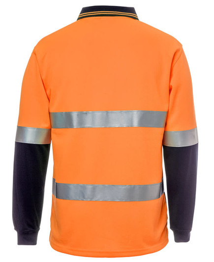 A bright orange long-sleeve polo shirt with navy sleeves and silver reflective strips. It features a logo on the front.