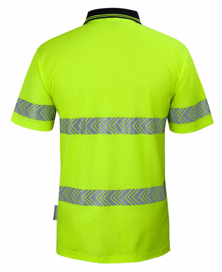 A lime green polo shirt with navy collar and segmented reflective stripes on the back. Features a logo.