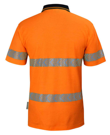 A high visibility polo shirt in orange with reflective chevron stripes on the back and a collar.