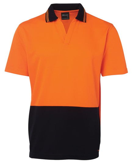 An orange and black polo shirt with a collar and a branding logo. Ideal for workwear.