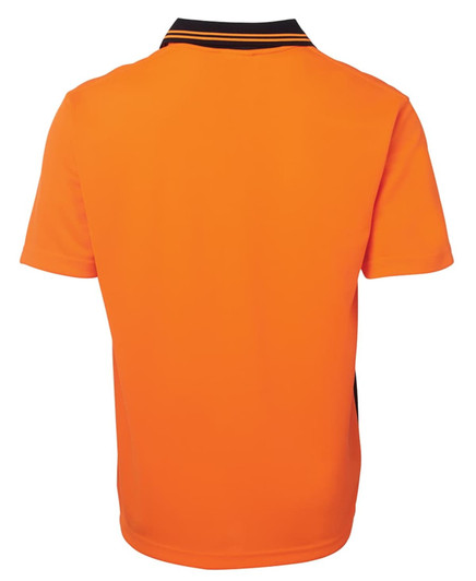 An orange polo shirt with a black collar and side accents, featuring a logo on the front.