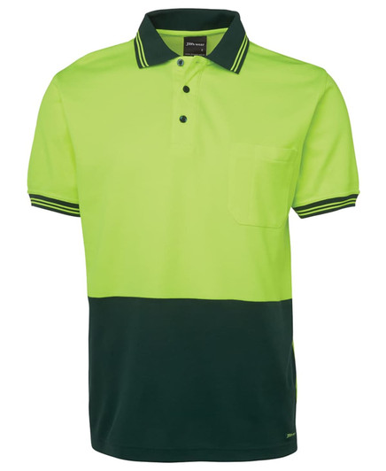A high-visibility polo shirt featuring a bright yellow-green upper half and a dark green lower half, with a logo.