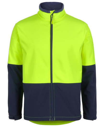 A vibrant high-visibility yellow and navy three-layer softshell jacket with a front zipper and a logo.