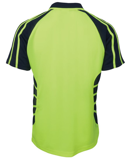 A bright lime green polo shirt with navy blue accents, featuring a logo on the back.