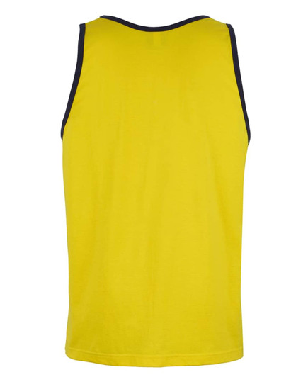 A yellow work singlet with a navy trim at the neck and armholes. Features a logo on the back.
