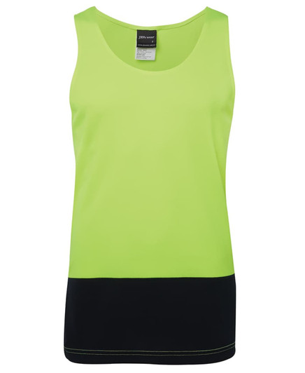 A high-visibility singlet in bright lime green with a black bottom section, featuring a logo.