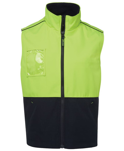 A high-visibility work vest in bright lime green and navy, featuring a zippered front and a small pocket.