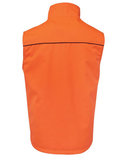 An orange work vest with a high neck and no visible front details, featuring a logo on the back.