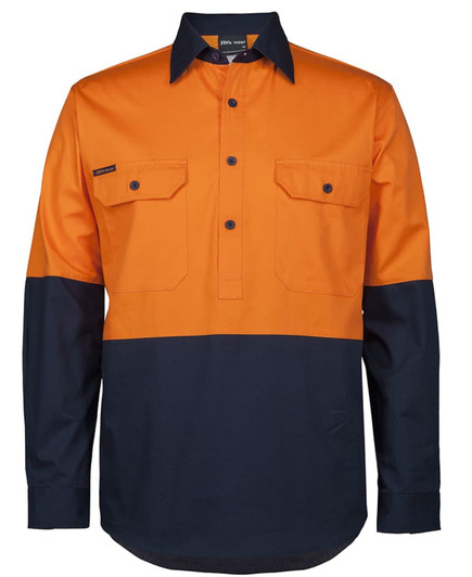 An orange and navy long-sleeve work shirt featuring two chest pockets and a logo.