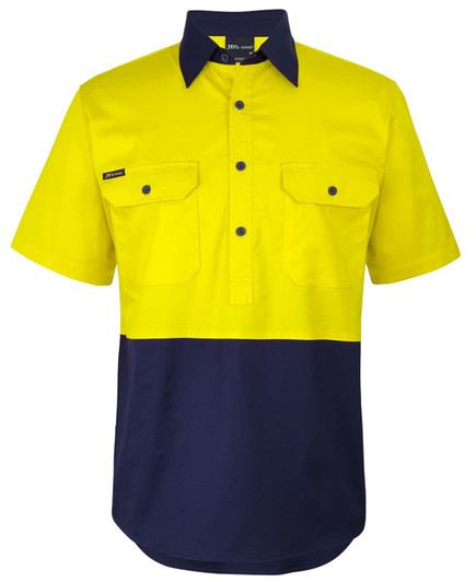A short-sleeved work shirt in high-visibility yellow and navy, featuring a front pocket and a logo.