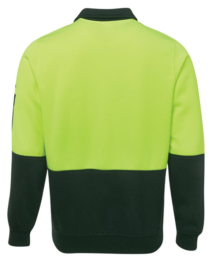 A high-visibility fleece garment in bright yellow and dark green, featuring a collar and long sleeves with a logo.